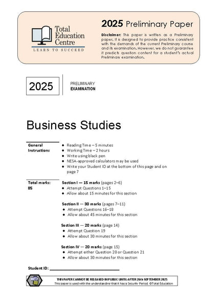 2025 Preliminary (Yr 11) Business Studies
