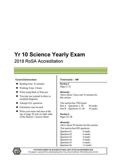 2018 RoSA Year 10 Science exam